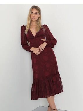 Lulu’s Desired Aesthetic Wine Red Floral Burnout Long Sleeve Midi Dress, NWT